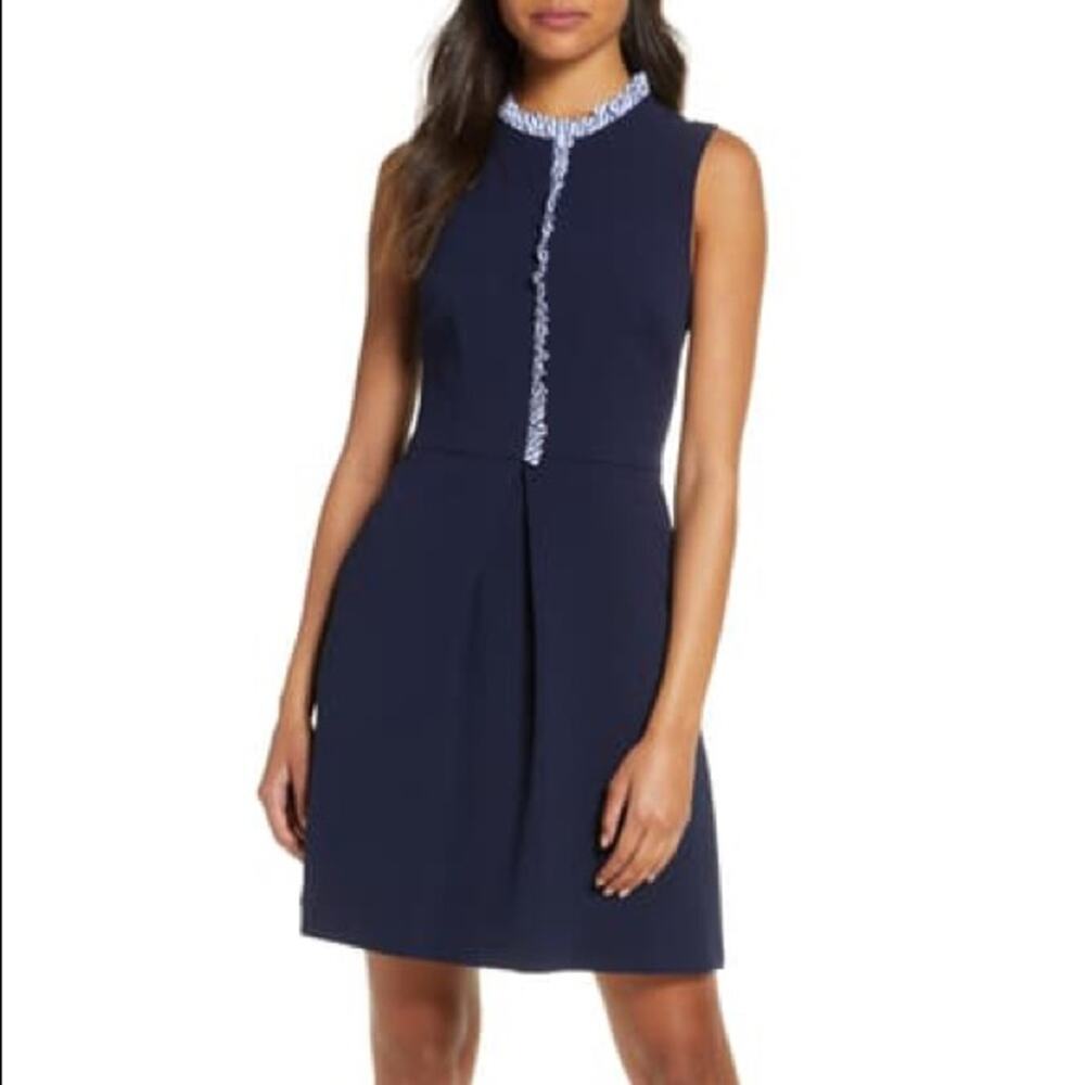 Eliza‎ J Women's Blue Ruffle Trim Sleeveless Crepe Dress Size 10P